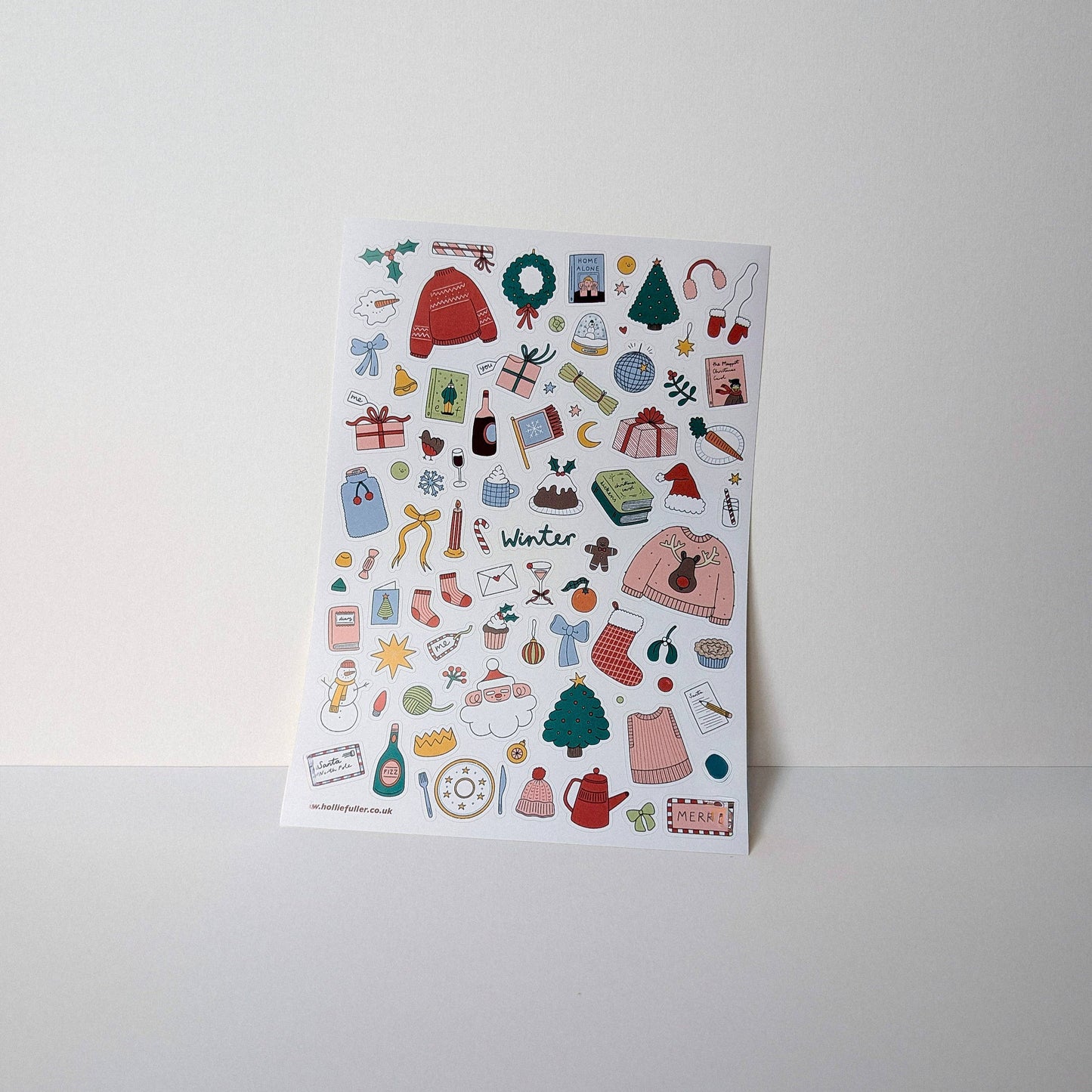 Winter Sticker Sheet by Holly Fuller – 60+ waterproof vinyl stickers on A5 sheet, UK designed seasonal art perfect for scrapbooking, journaling, and sustainable crafts.
