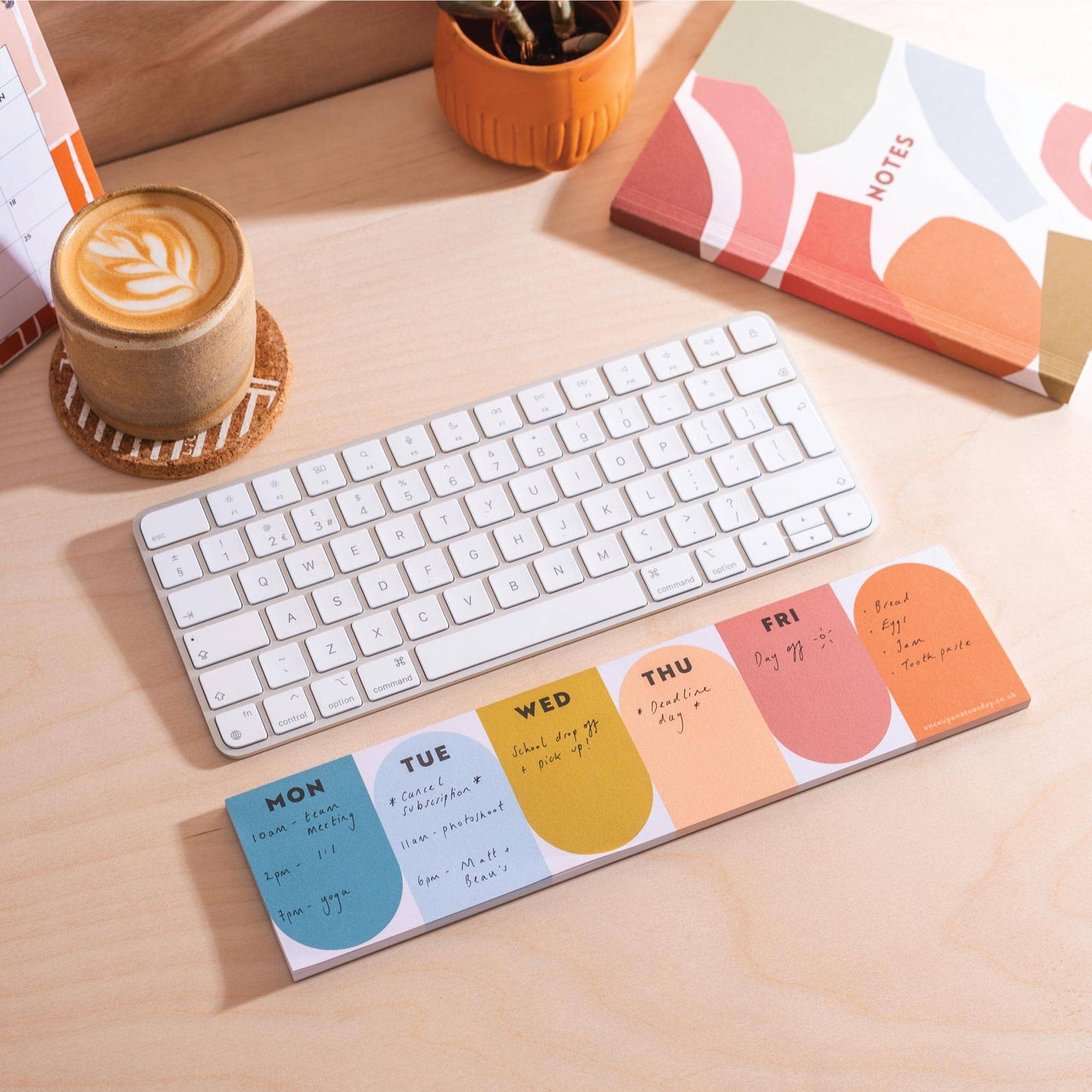 A simple keyboard weekly planner pad in contrasting colours to help with organisation - a perfect addition for the WFH desk, office or dorm room. The planner runs from Monday to Sunday and features daily boxes for important tasks and notes.
The compact size is designed to sit above a keyboard neatly. Makes for a lovely, practical stationery gift for anyone working from home, students or busy parents.