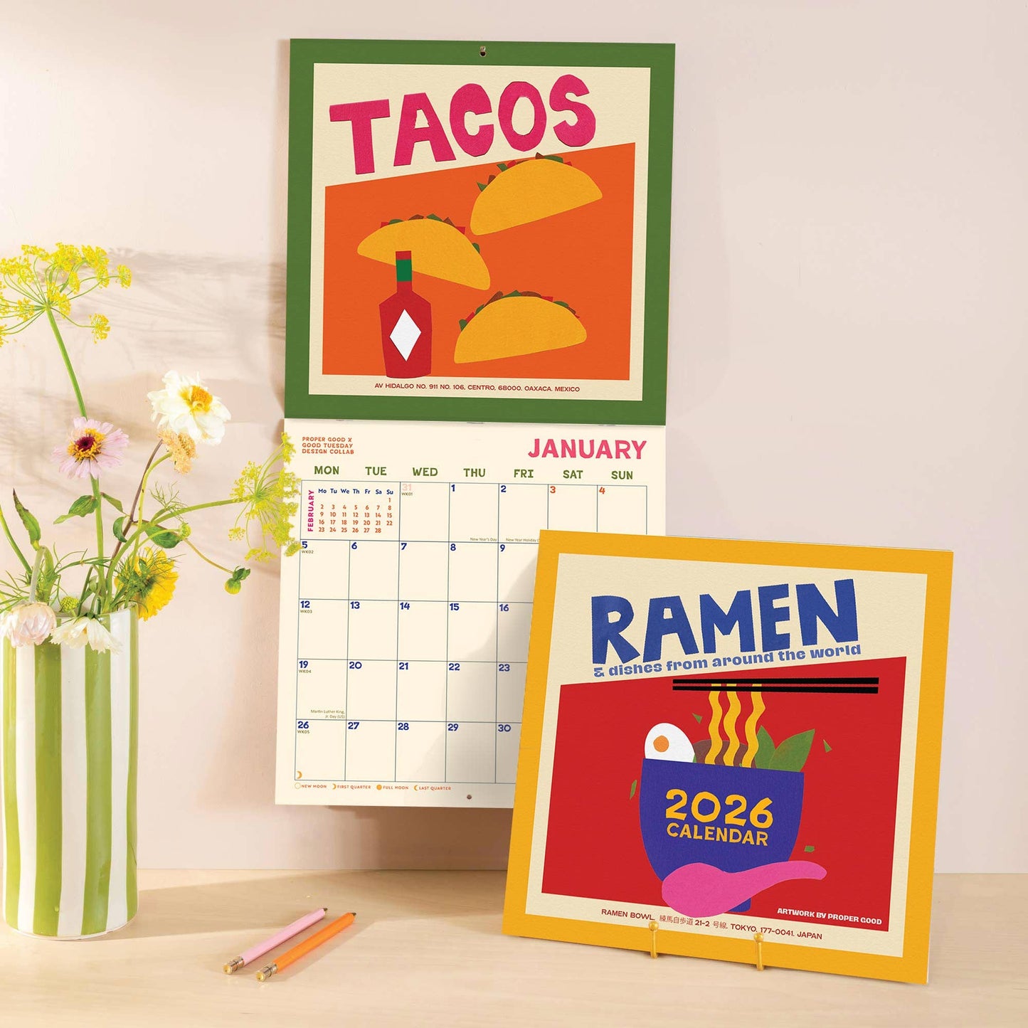 2026 Food Art Wall Calendar by Good Tuesday—bold monthly world cuisine illustrations by Abbie Franks, large format, recycled, designed and printed in the UK.