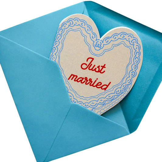 Close-up of letterpress detail on 'Just Married' wedding card