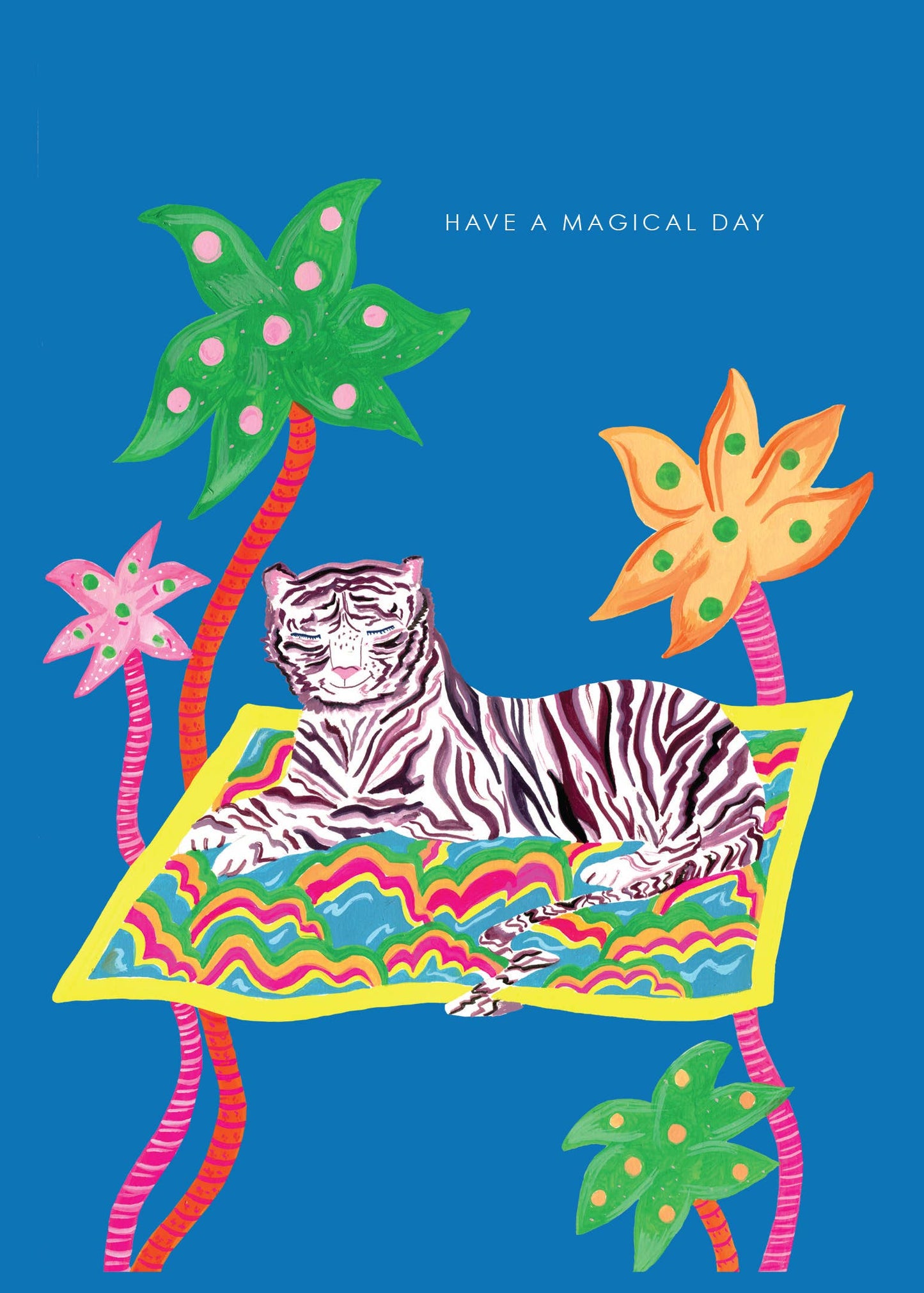 Hand-illustrated magical tiger on a magic carpet among palm trees, 5x7” birthday card, recycled kraft envelope, UK made, sustainable and mystical design.