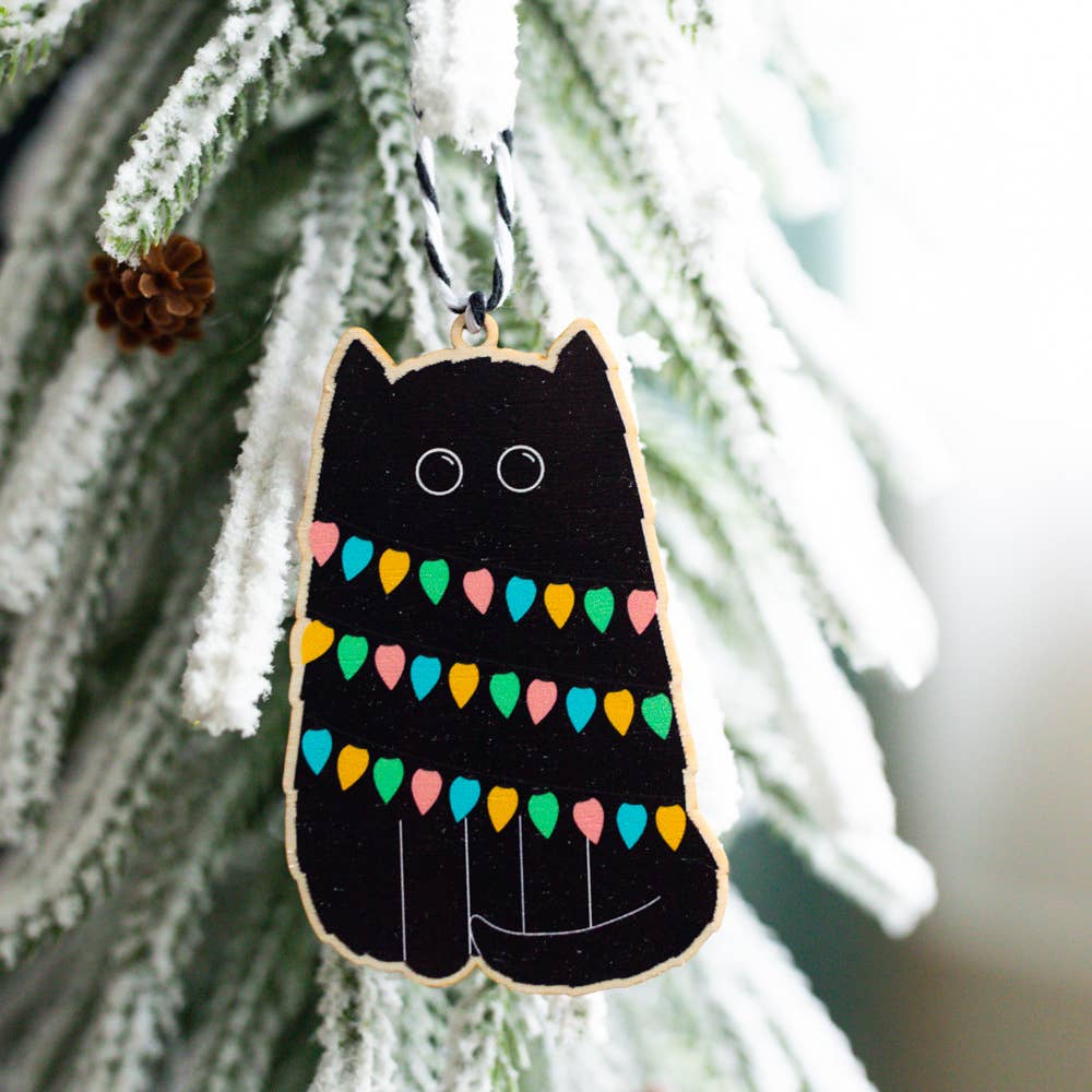 Black Cat wooden Christmas tree decoration made from sustainably certified birch plywood, with black and white bakers twine, single sided natural finish by Jeff and The Squirrel