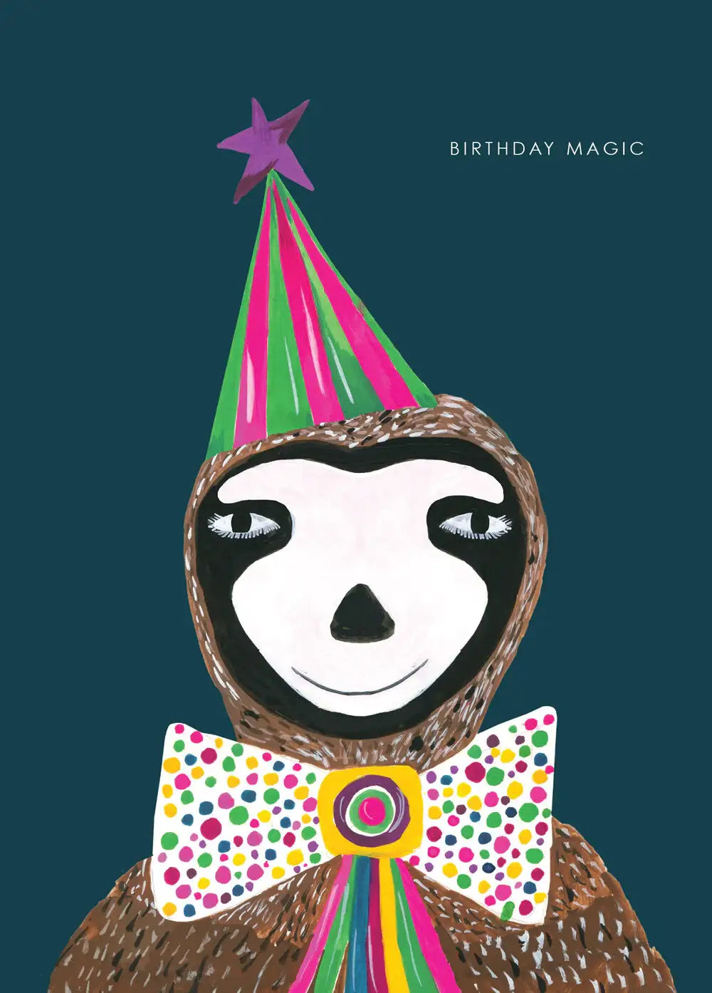Close-up of Magic Sloth Birthday Card illustration, sustainably sourced