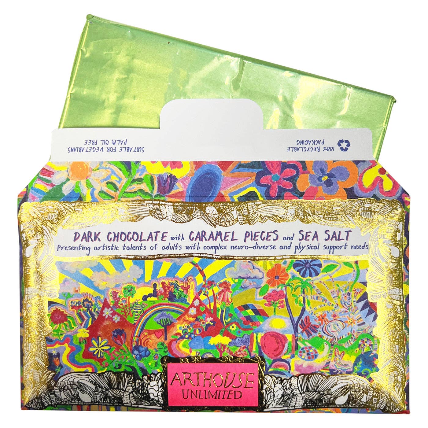 Joy Revolution dark chocolate bar with caramel pieces and sea salt, wrapped in coloured foil with original Arthouse Unlimited artwork in gold frame.
