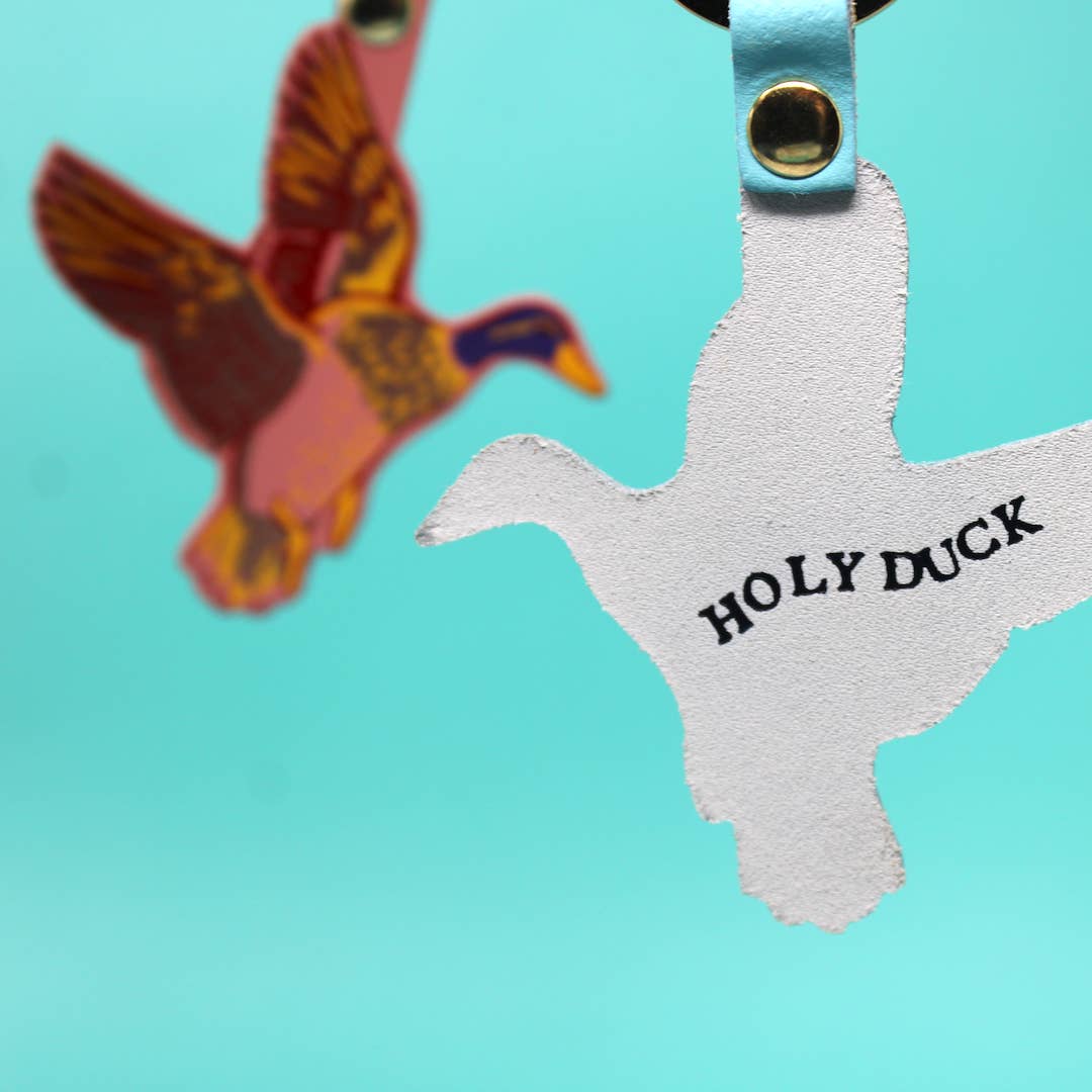 Holy Duck leather key fob with embossed flying duck design and text, British made by Ark Colour Design.
