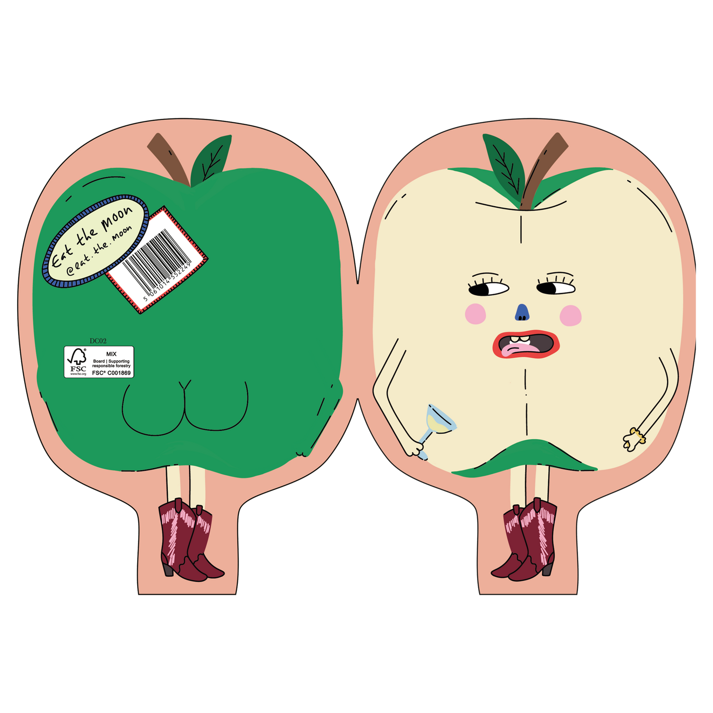 Eat the Moon Hey Apple! Die Cut Greeting Card front and back with cheeky apple design