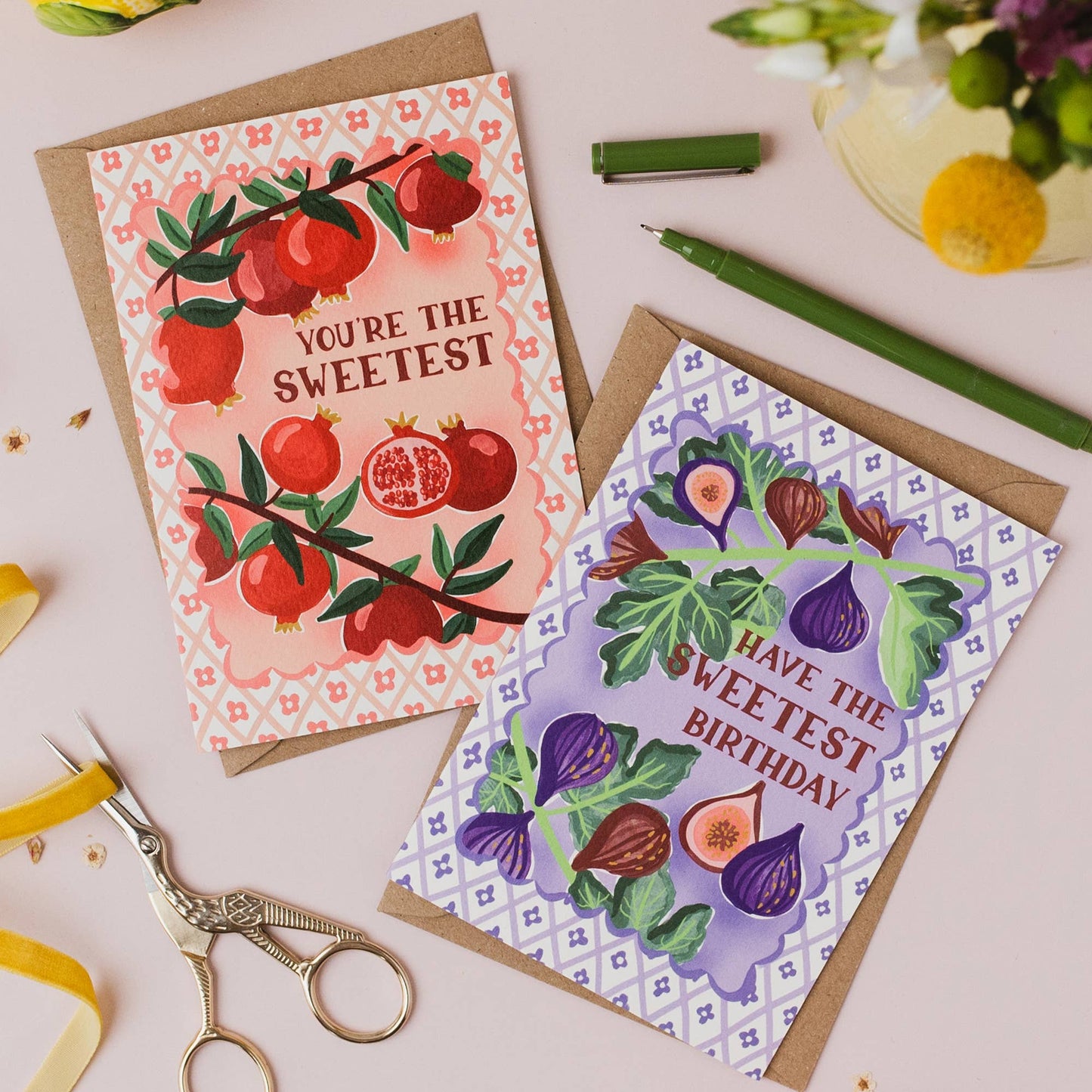 Hand drawn lettering reads 'Have the sweetest birthday'. Part of the on trend Palermo Picnic range, inspired by Italian fruits. Illustrated greeting card with tile pattern and figs illustration, printed onto premium textured card with a kraft envelope.