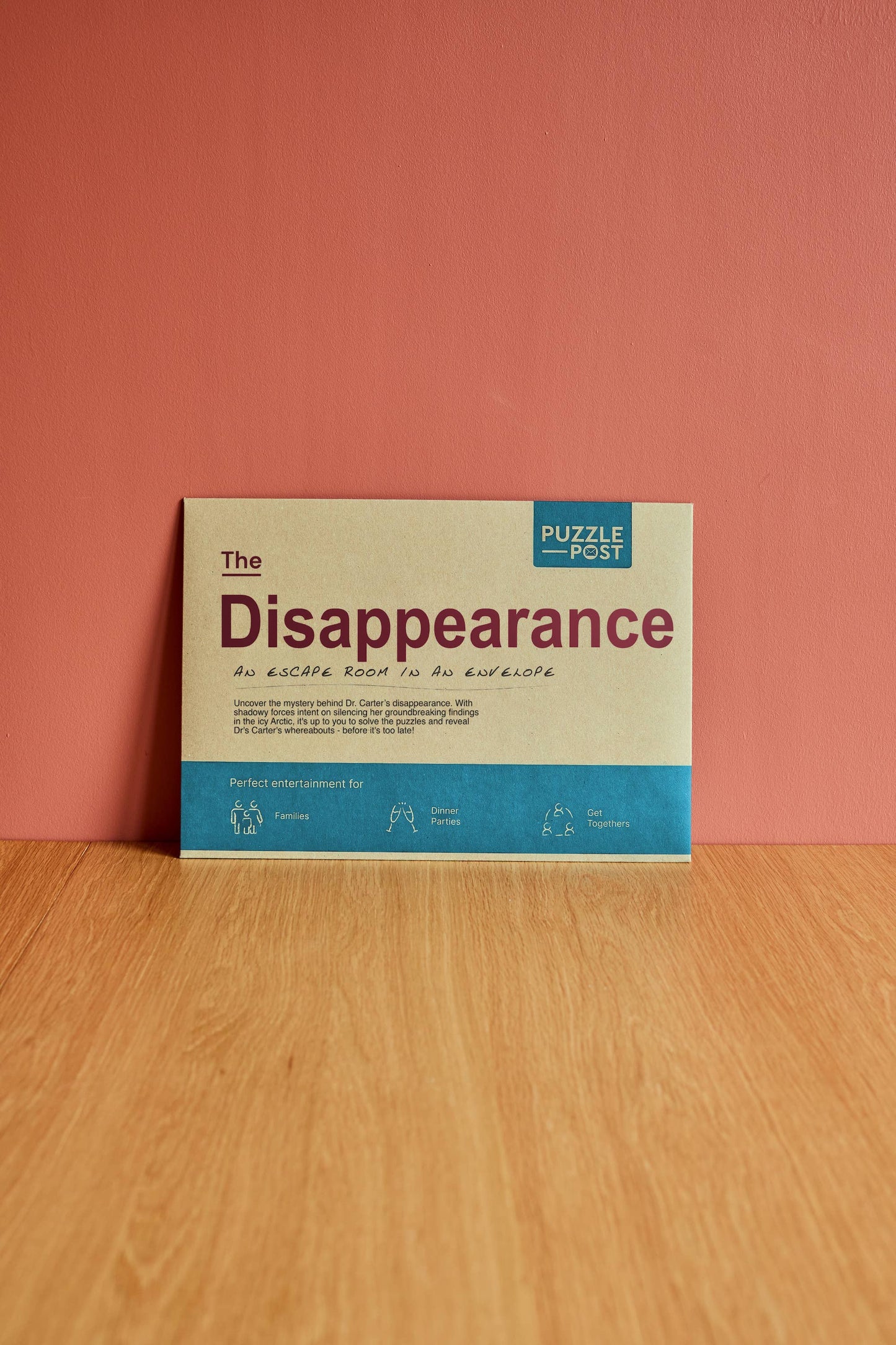 Escape Room in an Envelope The Disappearance game box, eco-friendly packaging, collaborative escape room puzzle for 2-8 players