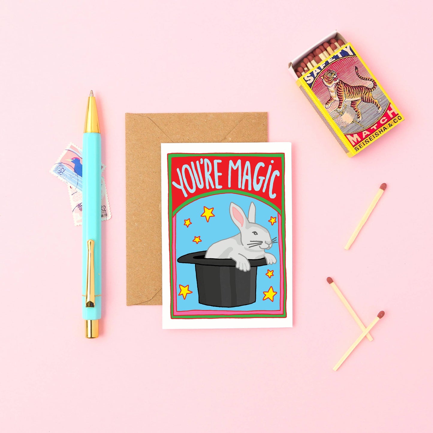 This witty mini greeting card is designed to send positive energy their way. Featuring a bold, hand-drawn illustration of a rabbit popping out of a magician’s hat, it’s a one-of-a-kind card ideal for saying "good luck," "well done," or simply letting someone know how wonderful they are.