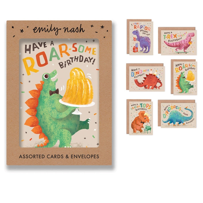 Six colourful dinosaur birthday cards multipack in a cardboard box, with recycled envelopes, by Emily Nash Illustration.