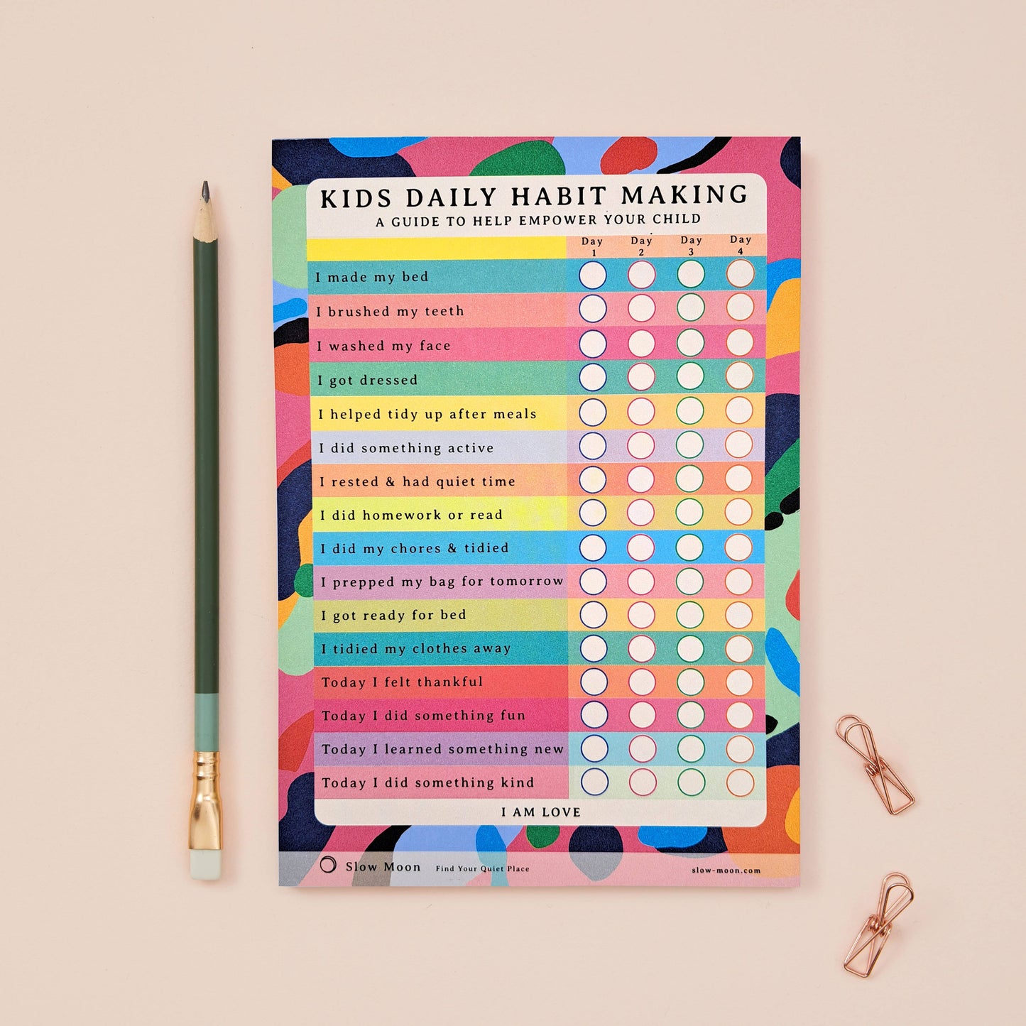Kids Daily Habit Making - A5. The perfect pad to help empower your child and prompt healthy conversations with them each day. Allowing them to tick off daily tasks, like making their bed and cleaning their teeth.