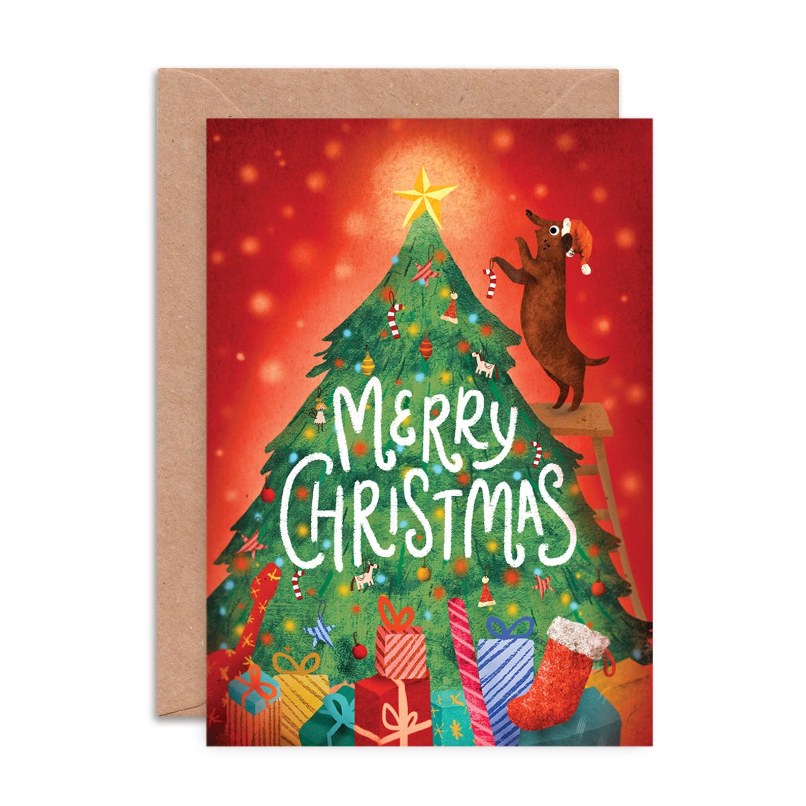 Box set of six A6 illustrated Christmas cards by Emily Nash, each featuring a different festive family scene, with recycled kraft envelopes in a cardboard presentation box.