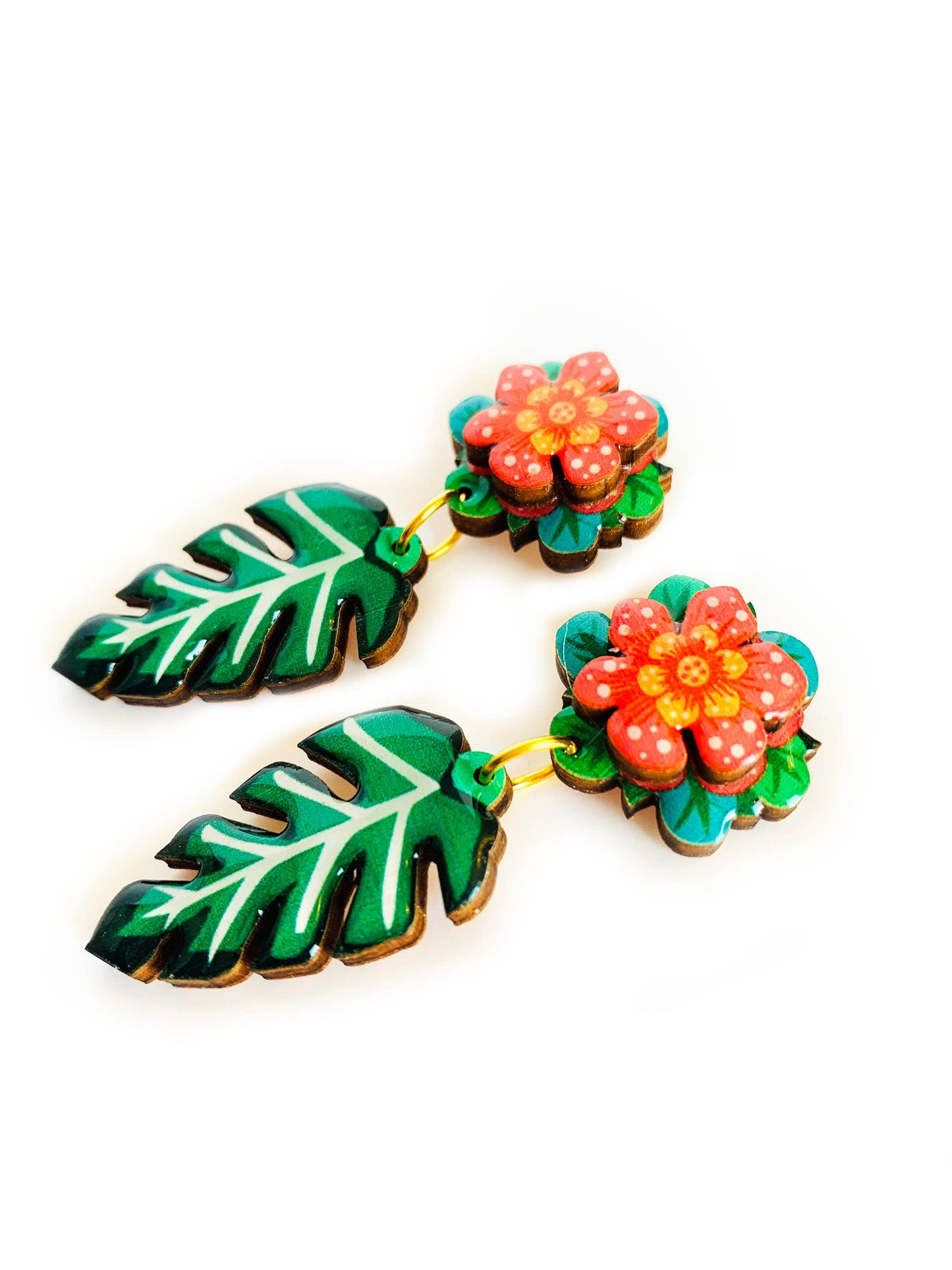Tropical 3D red flower and drop leaf earrings.