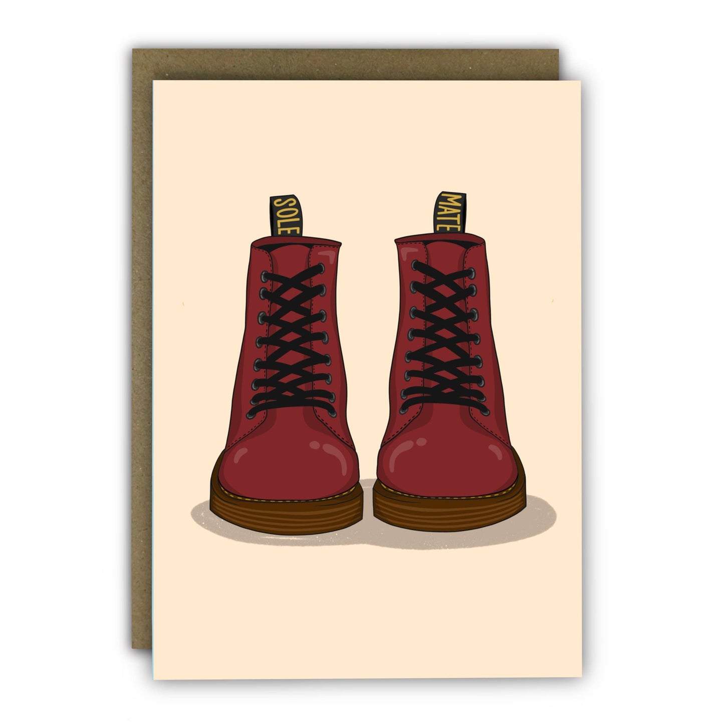 Funny “Sole Mate” Dr Martens anniversary card—A6 size, hand-illustrated, premium lightly textured card, UK made, blank inside, with kraft envelope.