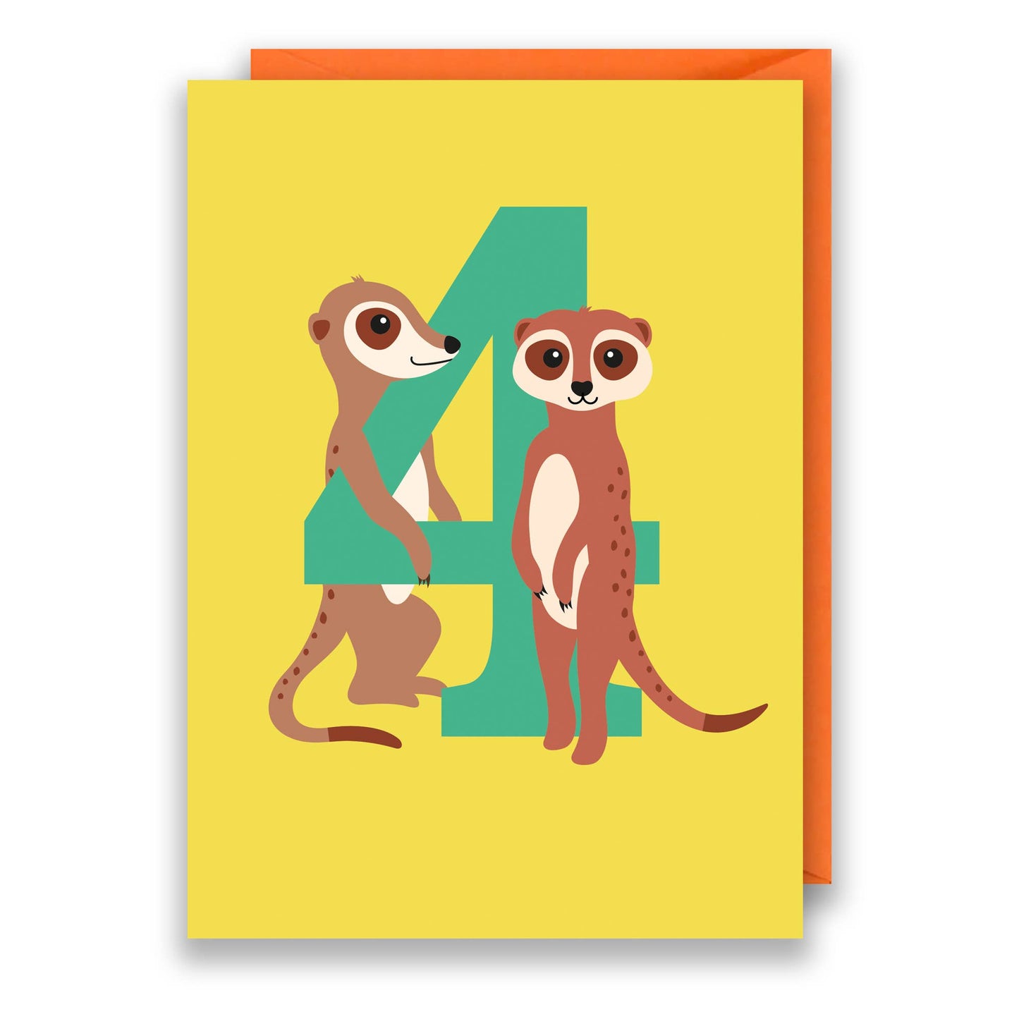 Age 4 kids birthday card with cute meerkats and number 4 design, bright orange envelope, 5x7 inches, UK made, plastic free
