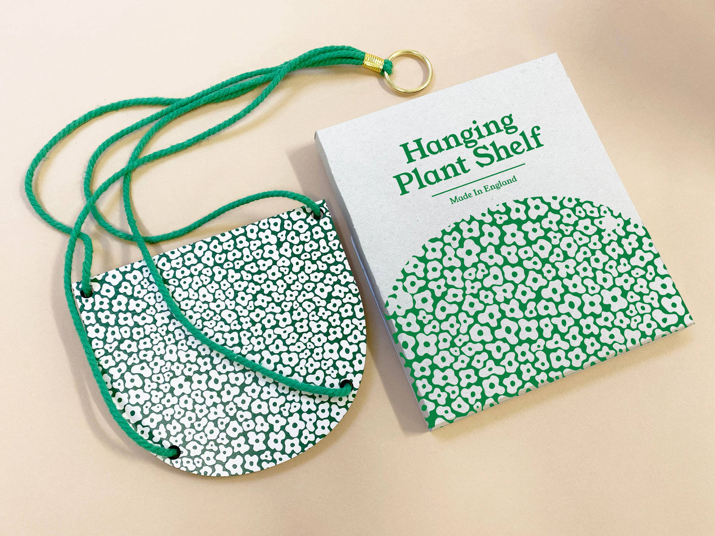 Small macrame plant shelf packaging, greyboard envelope box with product photo sticker
