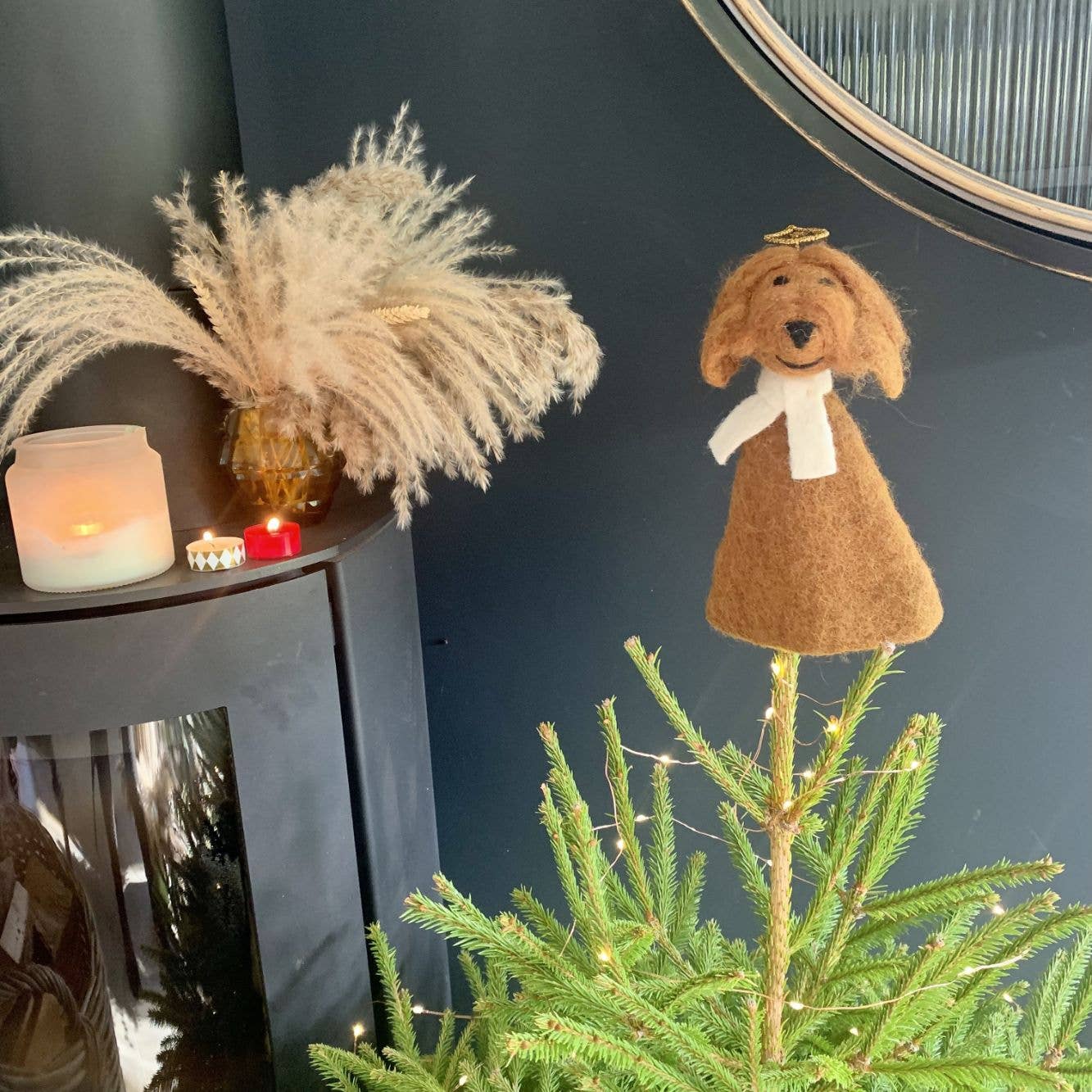 Handmade felt Sahara Dog Christmas tree topper by Felt So Good, eco-friendly cockapoo design with golden halo, crafted from sustainable wool using needle felting