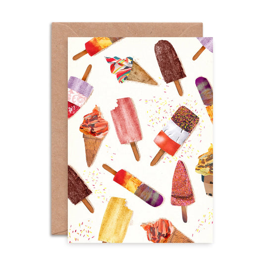 Close-up of Emily Nash's Ice Lollies Greeting Card, showcasing colourful illustrations and texture of sustainably sourced matte card with a recycled kraft envelope.