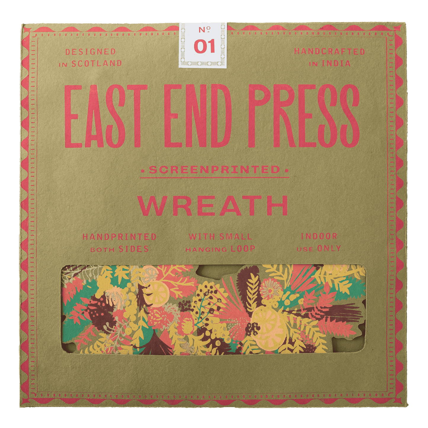 Hand-printed cotton board wreath with winter blooms, sustainable Christmas ornament
