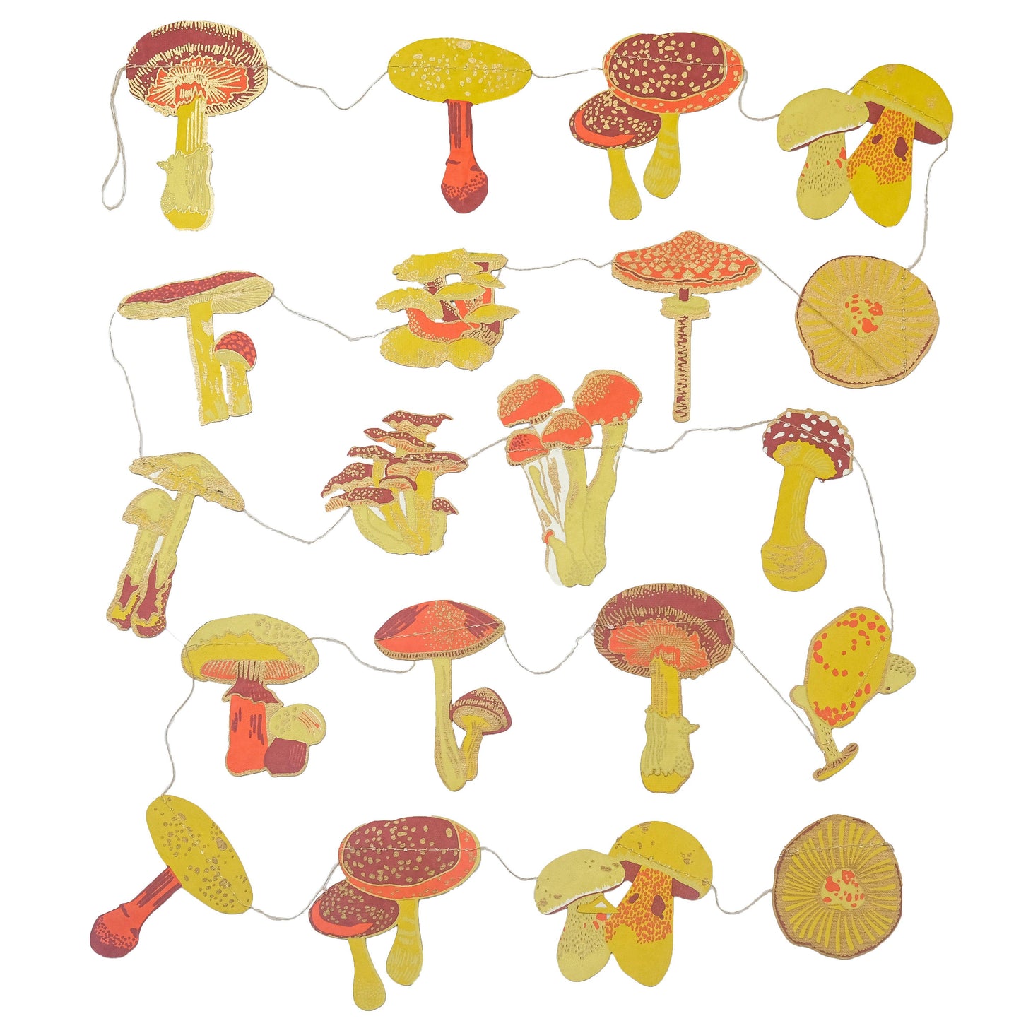 Twenty magical mushrooms are spread along the length of this garland, perfect for all fungi and foraging enthusiasts!
Paper shapes sewn along strong cotton thread