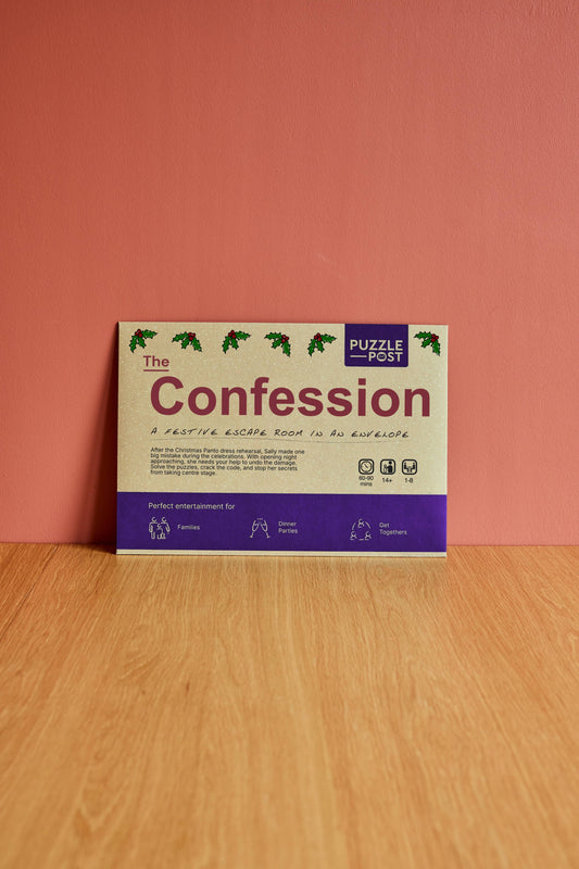 Escape Room in an Envelope The Confession game box, eco-friendly packaging, collaborative escape room puzzle for 2-8 players