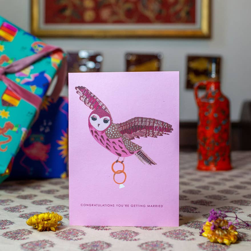 Hand-illustrated owl congratulations wedding card detail
