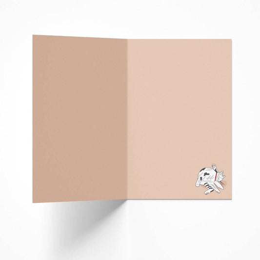 Inside of the 'I'm Busy' birthday card showing a small, charming illustration of a cat grooming itself in the bottom right corner.