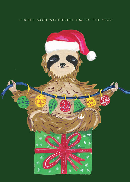 Eco-friendly sloth holiday card with red envelope