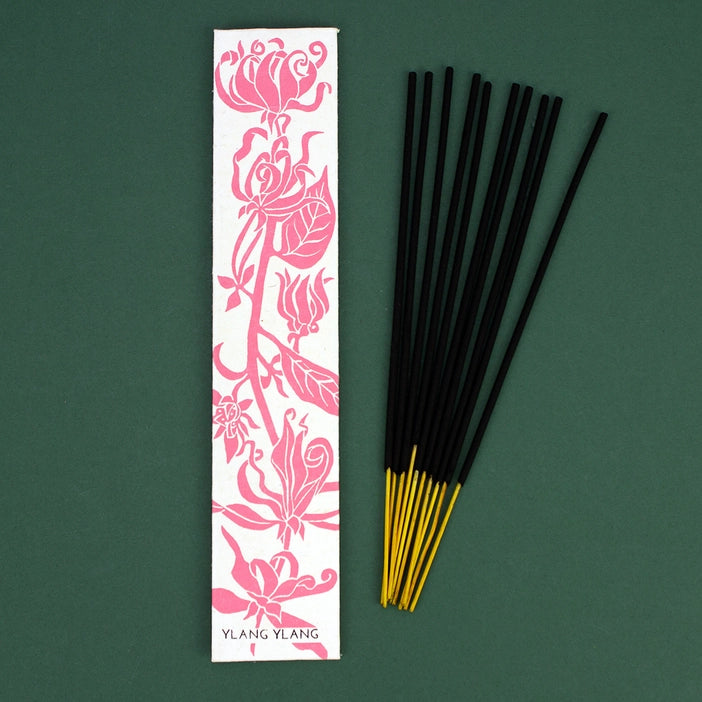 Luxury incense sticks in eco-friendly recycled paper packaging with botanical hand screen-printed design, handmade in India by disabled artisans.