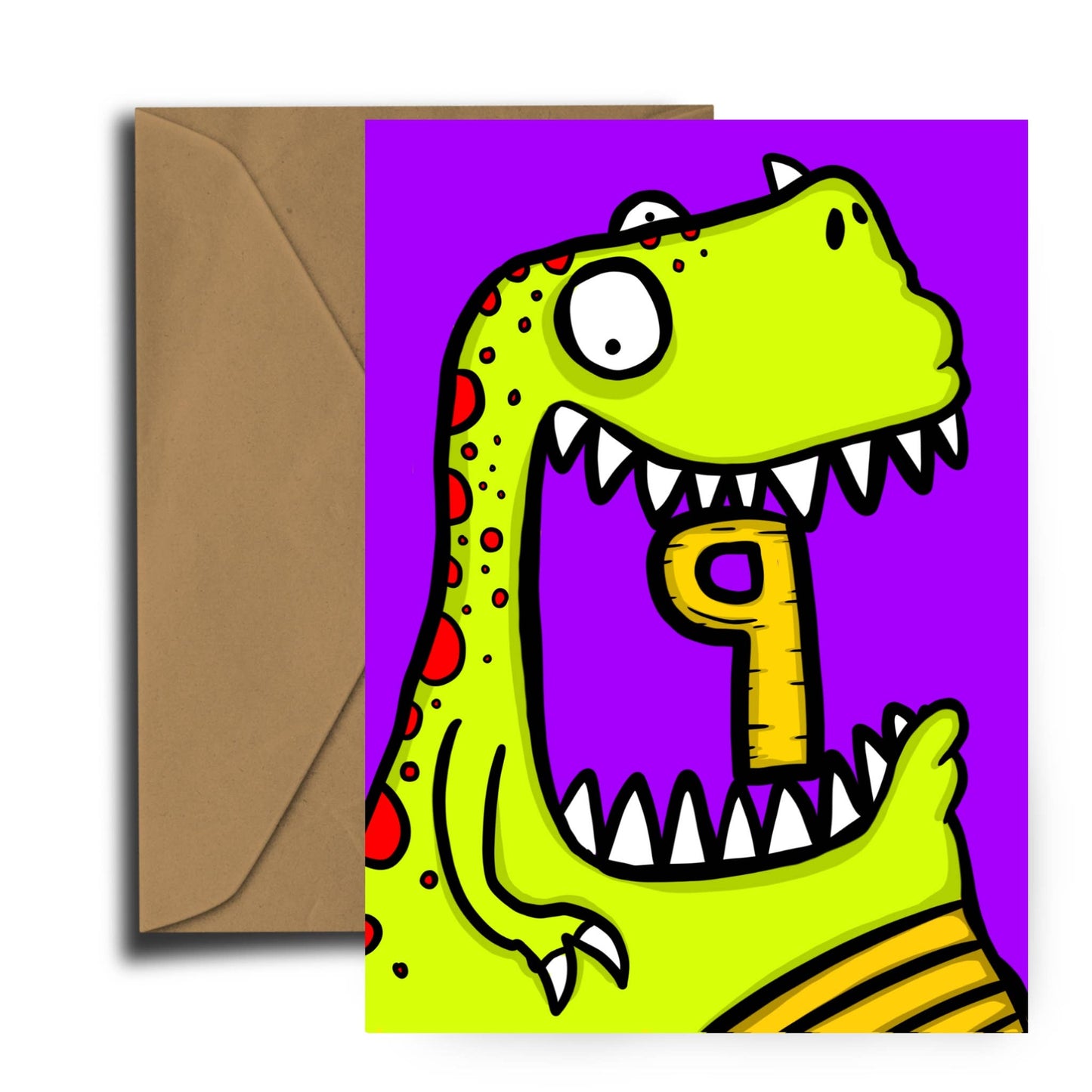 Dinosaur Age 9 Birthday Card with recycled kraft envelope