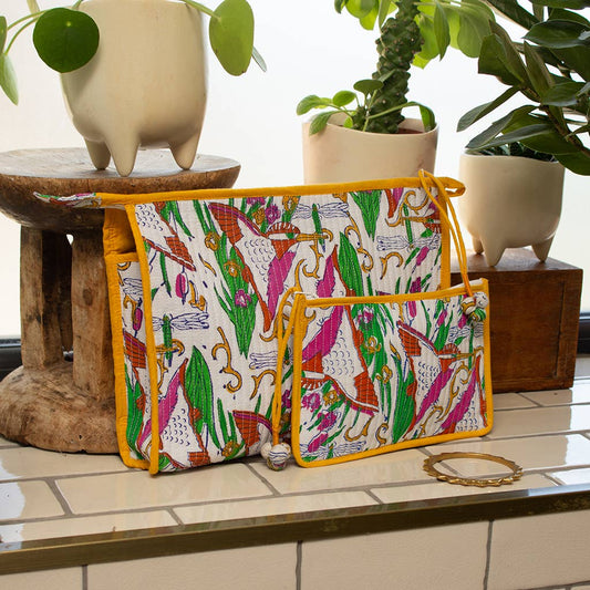 Indian block printed cotton pouch in Kingfisher design, handmade in Jaipur using natural dyes and traditional techniques. Available in medium and large sizes.