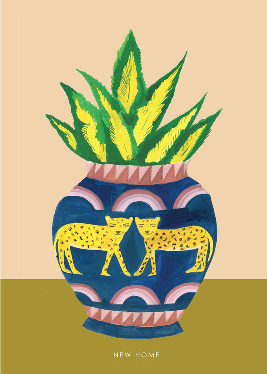 Eco-friendly Leopard Plant Pot housewarming card with recycled kraft envelope