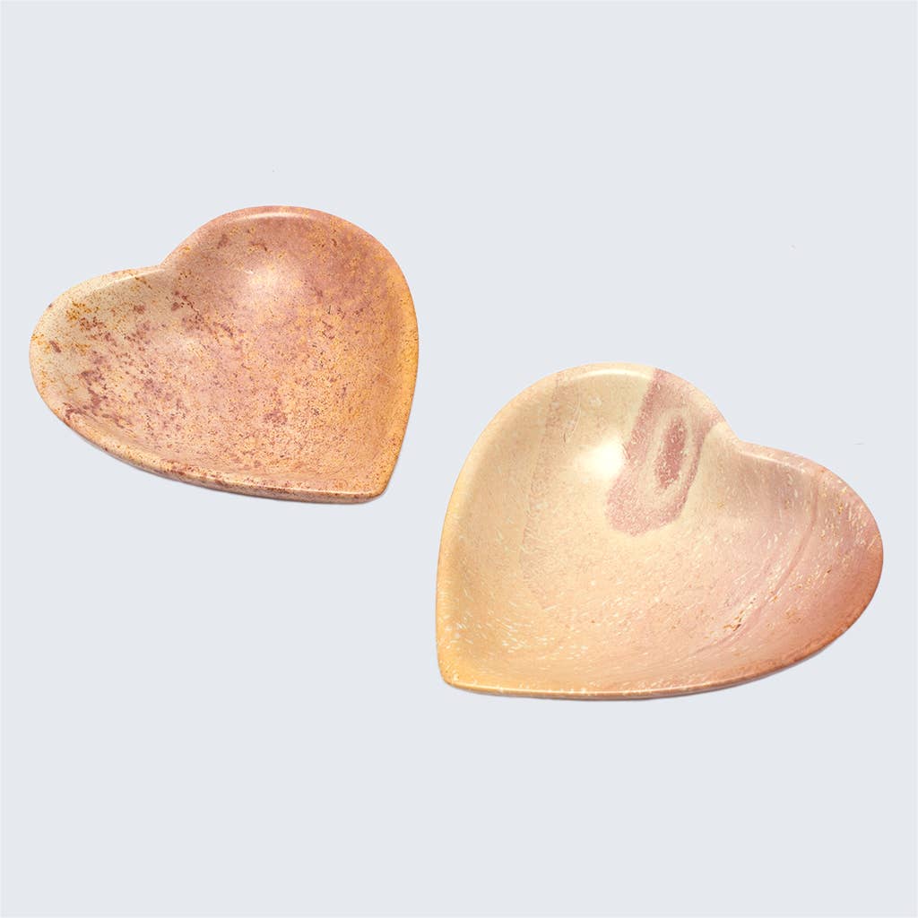 Heart-shaped soapstone jewellery dish, hand carved in Nairobi from sustainable Kenyan stone with natural colour variations.