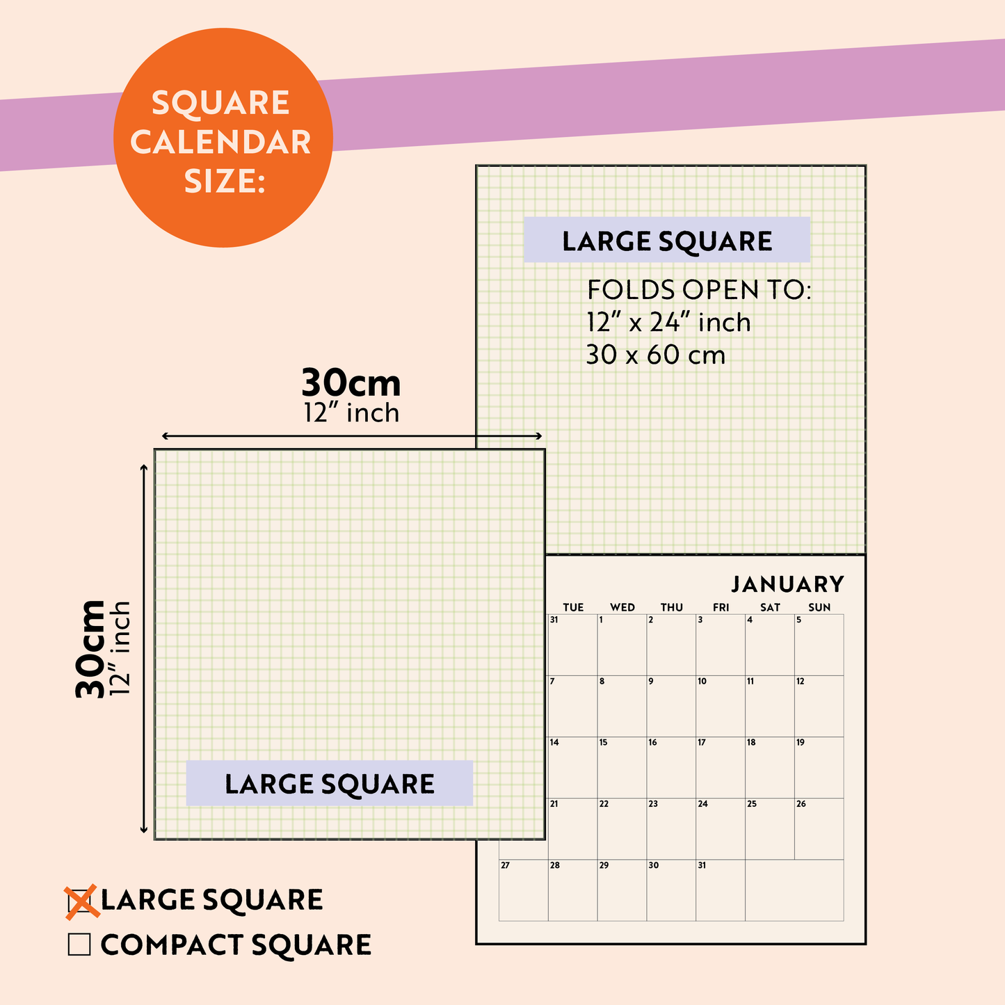 Calendar with large square size dimensions and a sample calendar layout.