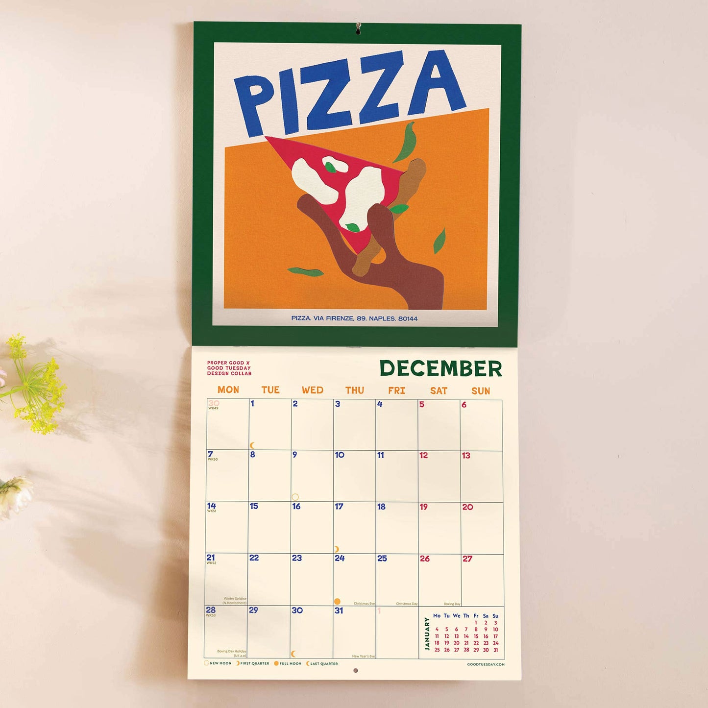 2026 Food Art Wall Calendar by Good Tuesday—bold monthly world cuisine illustrations by Abbie Franks, large format, recycled, designed and printed in the UK.