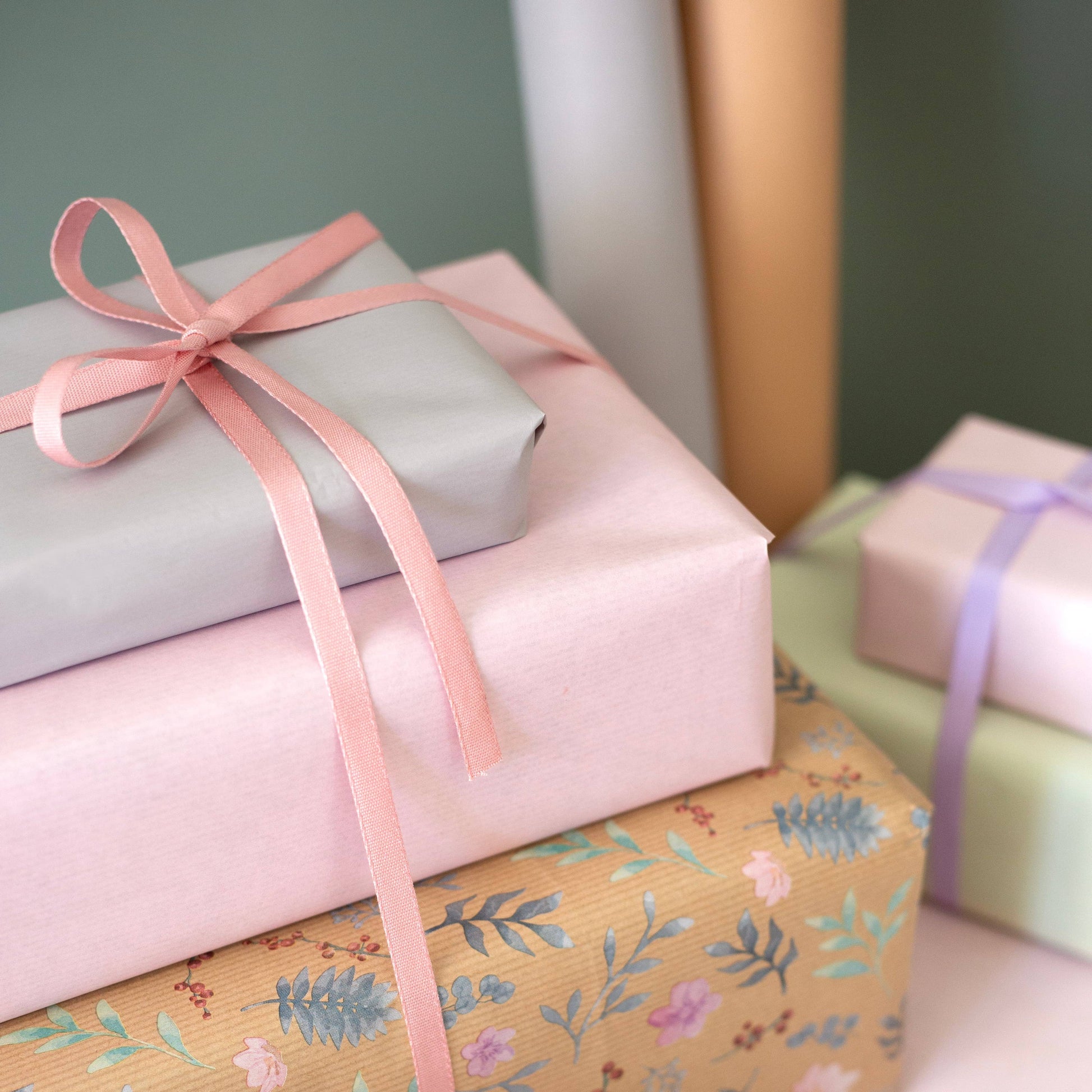 Pink biodegradable Tencel ribbon, 9mm wide, 5m reel, eco-friendly gift wrap, cardboard core, certified compostable and sustainably sourced.