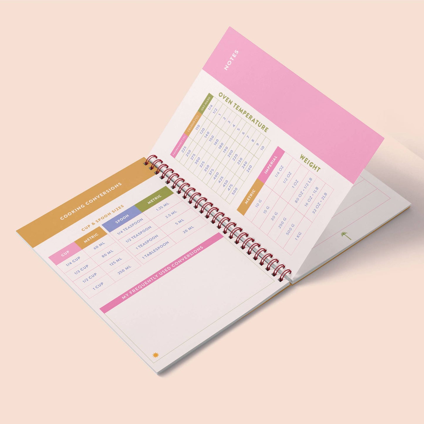 Cooking Conversions pages in recipe book, with room for notes. Oven temperatures and weight in metric and imperial.