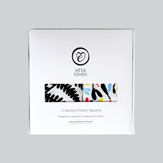 Close-up of Etta Loves Fern print sensory muslin, 100% GOTS organic cotton for newborns.