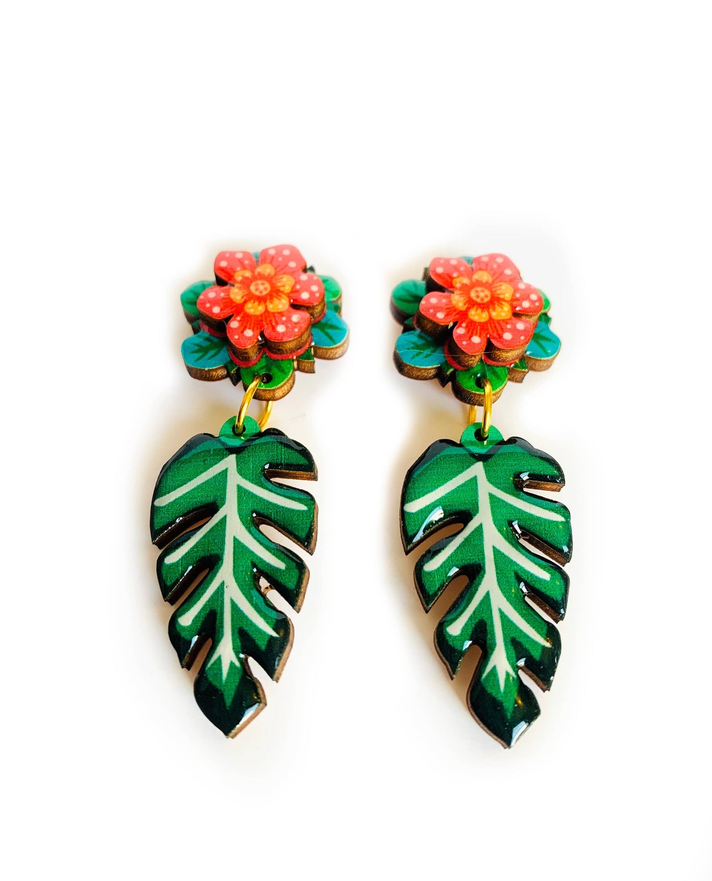 Tropical 3D red flower and drop leaf earrings.