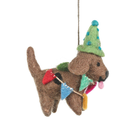 Handmade felt Party Pooch dog decoration, sustainable wool, multicoloured bunting, green party hat, eco-friendly