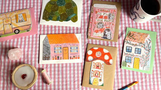 Toadstool New Home Card with elves, displayed alongside other unique Laura Skillbeck greeting cards from Forget Me Not & Green.