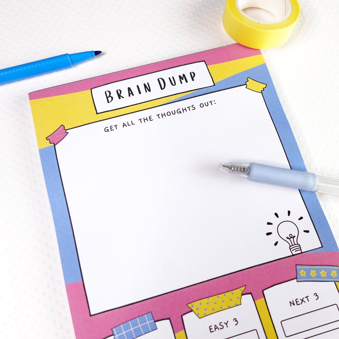 A5 Brain Dump Notepad by Sunshine Lane—lined pages with ‘Top 3’, ‘Easy 3’, ‘Next 3’ tasks section, 120gsm paper.