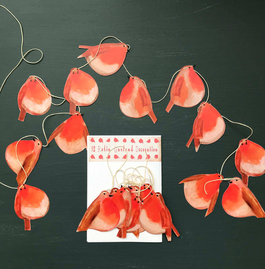 Festive Robin Garland by Wini Tapp featuring 12 double-sided printed robins, 2 metres long, printed on cardstock, strung on hemp string