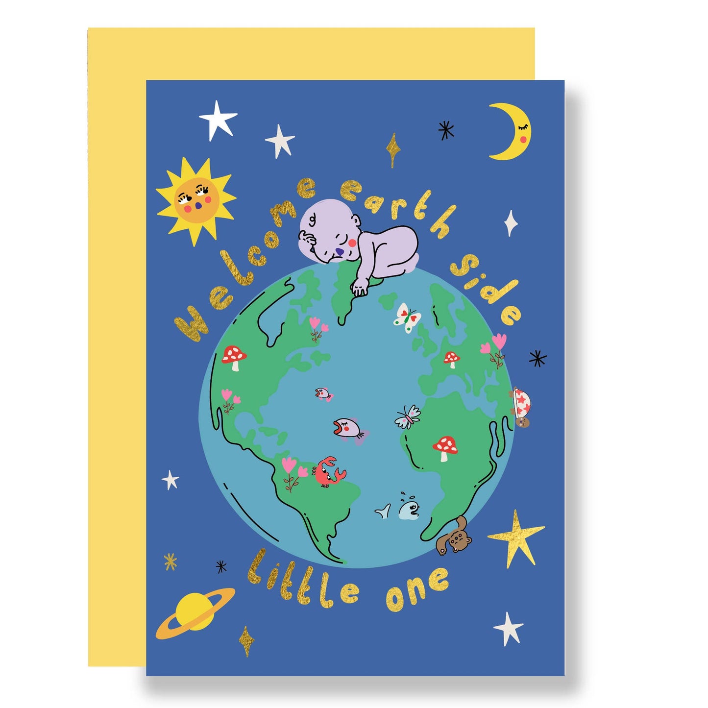 Welcome earth side little one, new baby card. Featuring a baby asleep on the top of the world.