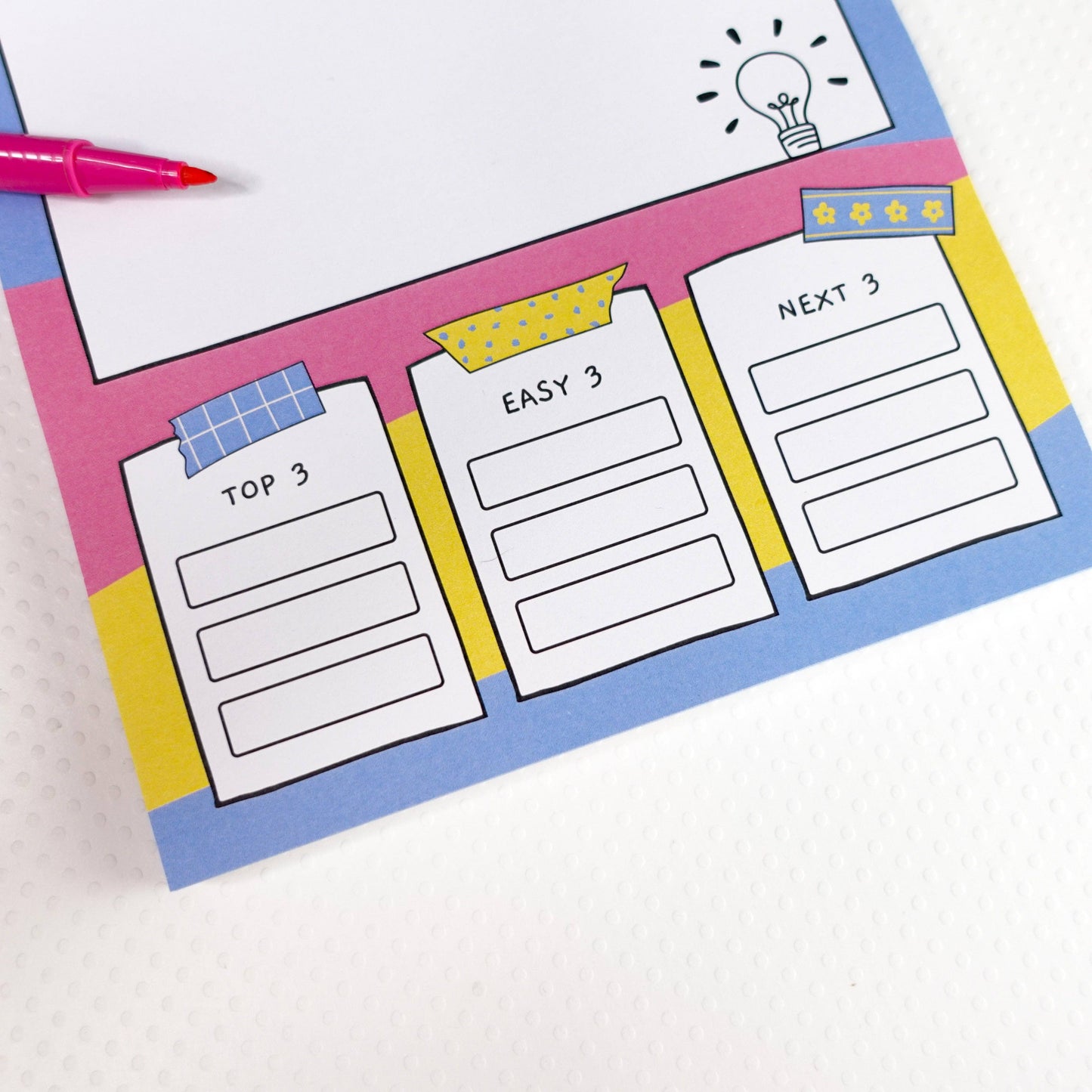 A5 Brain Dump Notepad by Sunshine Lane—lined pages with ‘Top 3’, ‘Easy 3’, ‘Next 3’ tasks section, 120gsm paper.