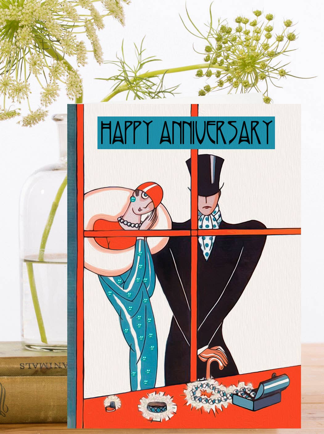 Vintage 1930s anniversary card with a glamorous couple shopping for jewellery