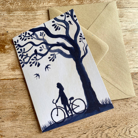 Close-up of Spring Swallows greetings card, showing biodegradable packaging