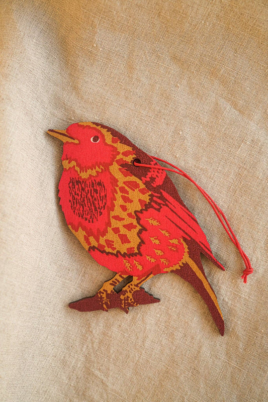 Hand-printed robin wooden hanging ornament,  certified plywood, sustainable Christmas decoration