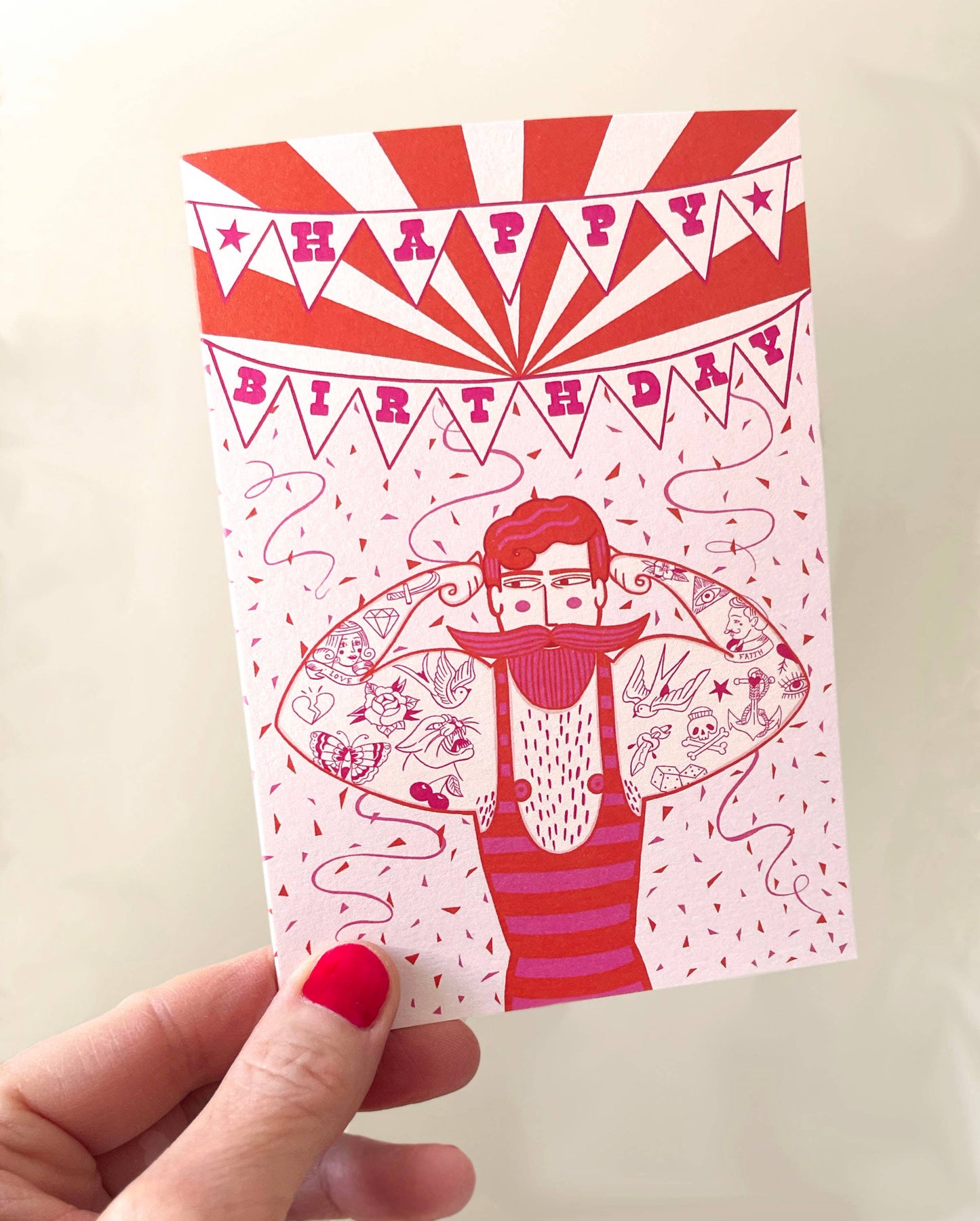 Close-up of Circus Strongman Birthday Card, showing Perlino Cotton texture and Su Owen's illustration detail.