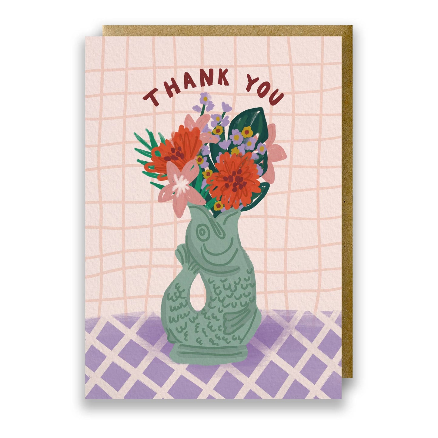 Hand drawn lettering reads 'Thank You'. In collaboration with The Original Gluggle Jug Factory, makers of the original gluggle jug. Illustrated greeting card with gluggle jug and flowers, printed onto premium textured card with a kraft envelope.